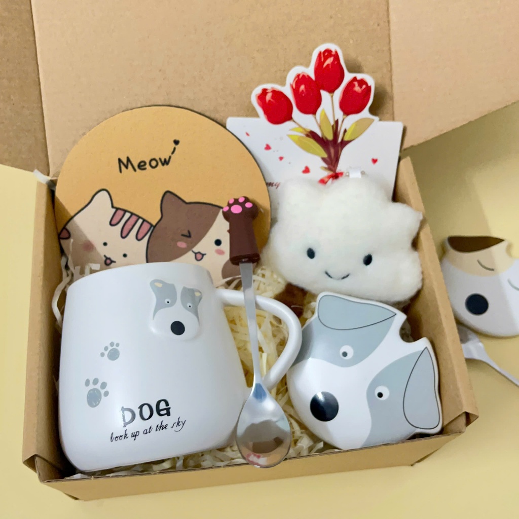Set Quà Tặng Cốc Sứ Cún Dog Dễ Thương, Gấu Thiệp Sinh Nhật, Tặng Bạn Bè Người Thân Kèm Lót Ly, Phụ Kiện Xinh Xắn