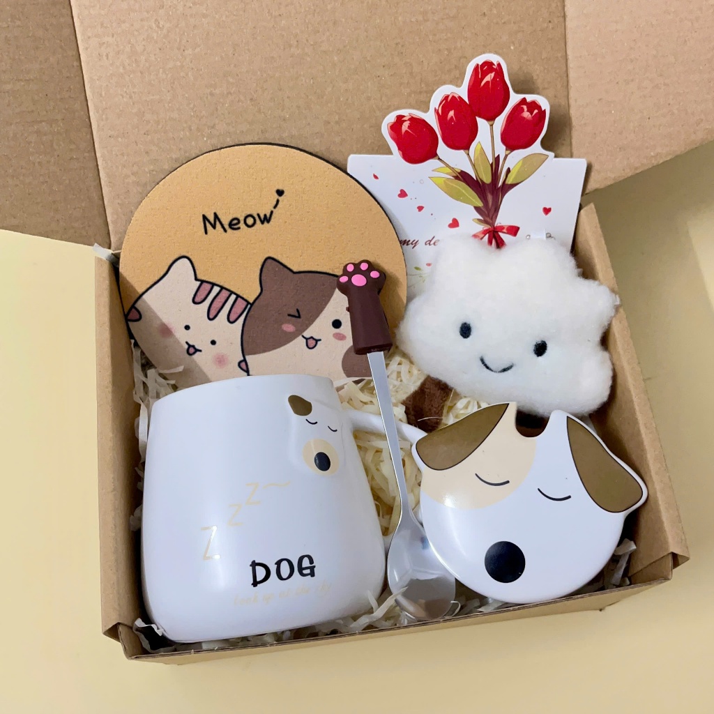 Set Quà Tặng Cốc Sứ Cún Dog Dễ Thương, Gấu Thiệp Sinh Nhật, Tặng Bạn Bè Người Thân Kèm Lót Ly, Phụ Kiện Xinh Xắn