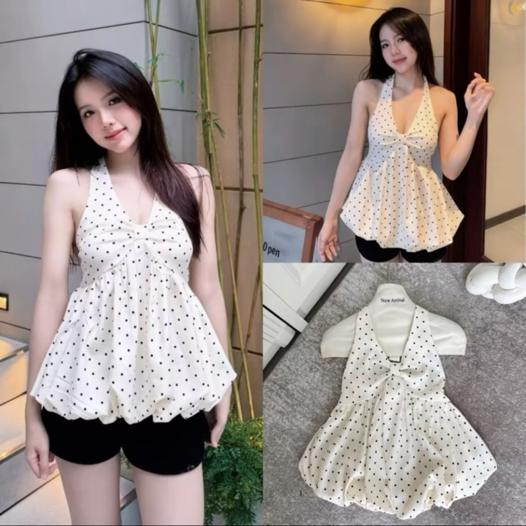 [Peinn](CÓ ĐỆM) ÁO CỔ YẾM XOẮN NGỰC DÁNG PELUM BÍ PHỒNG CHẤM BI QUYẾN RŨ CHO NỮ m6035