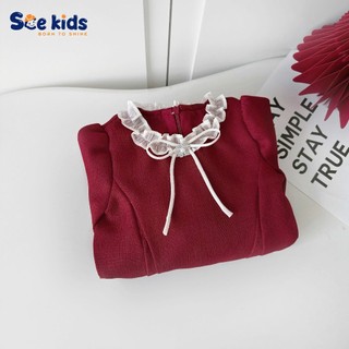 Váy babydoll dễ thương bé gái, dầm dự tiệc xinh xắn tông đỏ kiểu dáng tiểu thư, váy quả bí nơ cổ