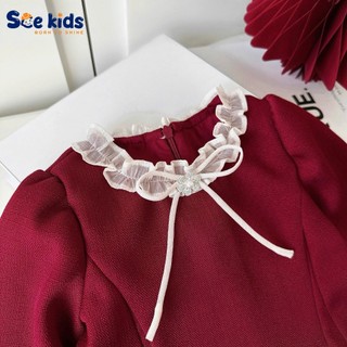 Váy babydoll dễ thương bé gái, dầm dự tiệc xinh xắn tông đỏ kiểu dáng tiểu thư, váy quả bí nơ cổ