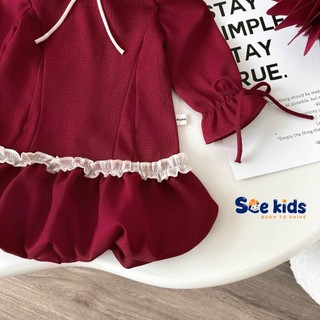 Váy babydoll dễ thương bé gái, dầm dự tiệc xinh xắn tông đỏ kiểu dáng tiểu thư, váy quả bí nơ cổ