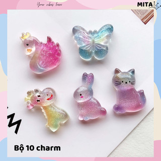 Set 10 Sticker, Charm 3D chủ đề thiên nga đa sắc DIY gắn Dép Sục, Cá Sấu JB-113 Mita