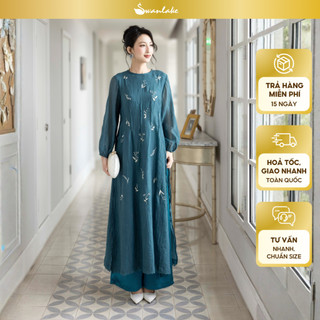 SWANLAKE | Áo Dài Cách Tân Nữ Phom Suông Cổ Tròn Chất Vải Xốp Hàn Thêu Hoa Thanh Lịch Tết L13138