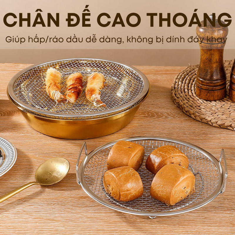 Vỉ Lưới Thoát Dầu Inox 304 Kèm Khay Hứng Dầu Cao Cấp Chống Gỉ, Ráo Dầu Nhanh, Dễ Vệ Sinh, 2 Size Nhỏ Lớn | 335