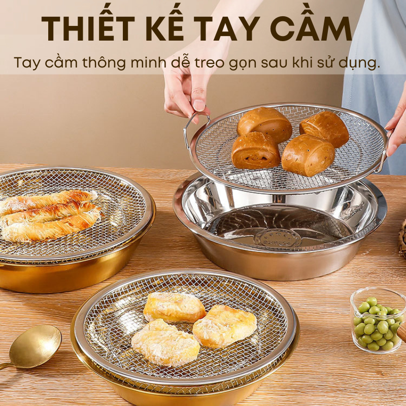 Vỉ Lưới Thoát Dầu Inox 304 Kèm Khay Hứng Dầu Cao Cấp Chống Gỉ, Ráo Dầu Nhanh, Dễ Vệ Sinh, 2 Size Nhỏ Lớn | 335