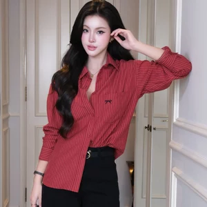 Áo sơ mi sọc nữ GILLEE (nhiều màu) dáng dài thêu nơ vải cotton cao cấp thoáng mát FAS384