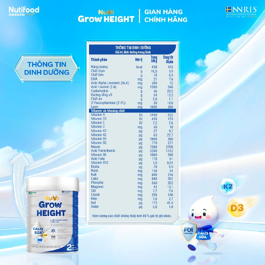 Combo 3 Sữa Bột Nuvi Grow Height phát triển chiều cao Trên 2 tuổi Lon 800g
