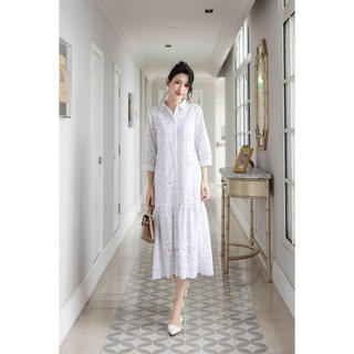 SWANLAKE | Váy Đầm Nữ Maxi Sơ Mi Suông Đuôi Cá Xòe Cotton Thêu Hoa Đục Lỗ Cài Nút Tay Nẹp Lỡ D12901