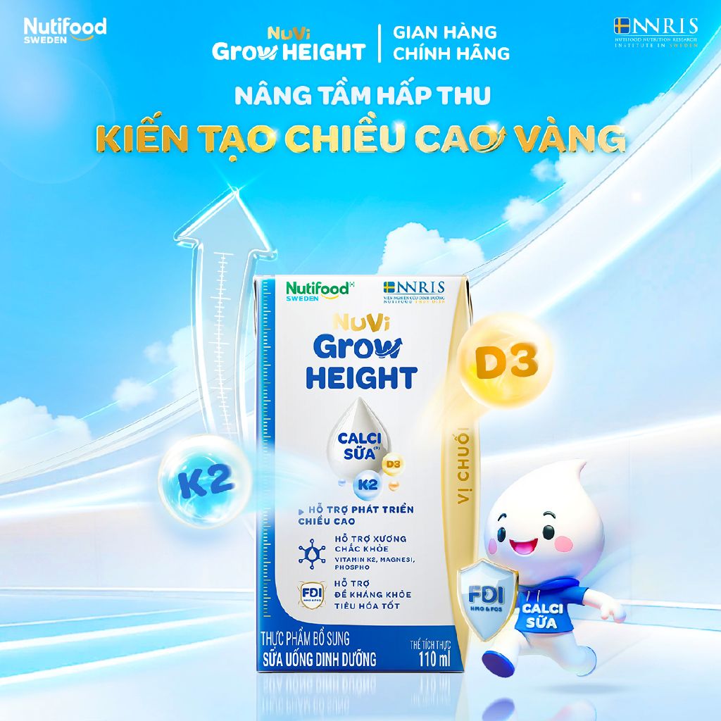 Thùng 24 hộp SBPS Nuvi Grow Height vị chuối 1+ hỗ trợ phát triển chiều cao hộp 110ml