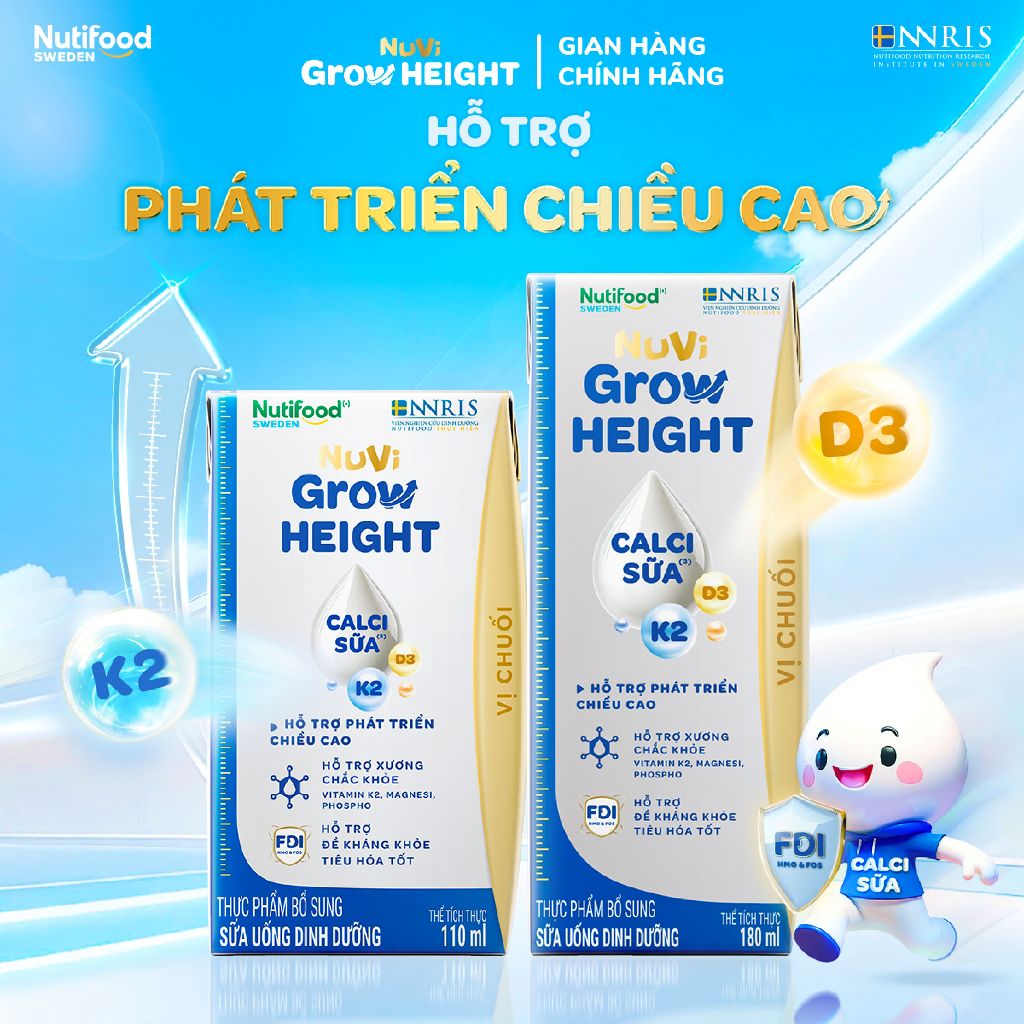 Thùng 24 hộp SBPS Nuvi Grow Height vị chuối 1+ hỗ trợ phát triển chiều cao hộp 110ml