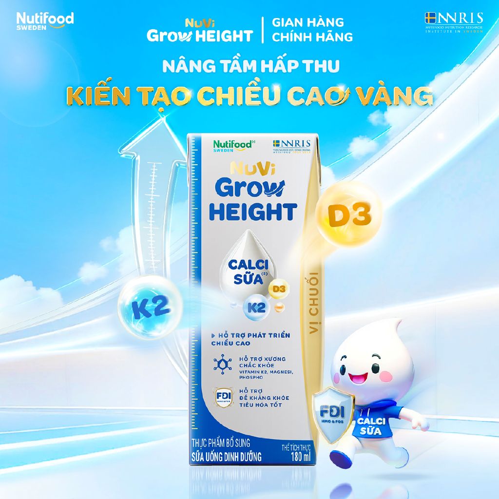 Thùng 24 hộp SBPS Nuvi Grow Height vị chuối 1+ hỗ trợ phát triển chiều cao hộp 180ml