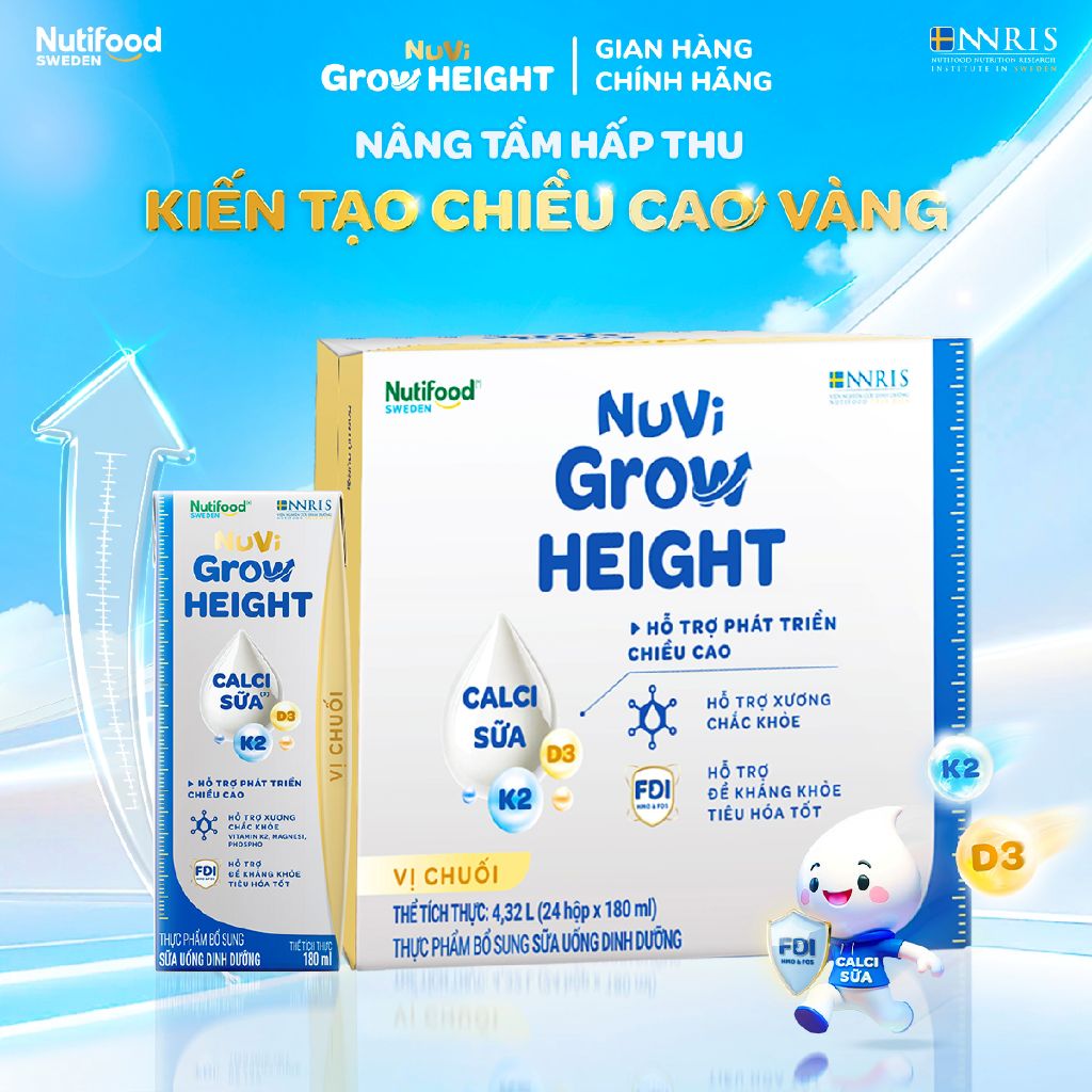 Thùng 24 hộp SBPS Nuvi Grow Height vị chuối 1+ hỗ trợ phát triển chiều cao hộp 180ml