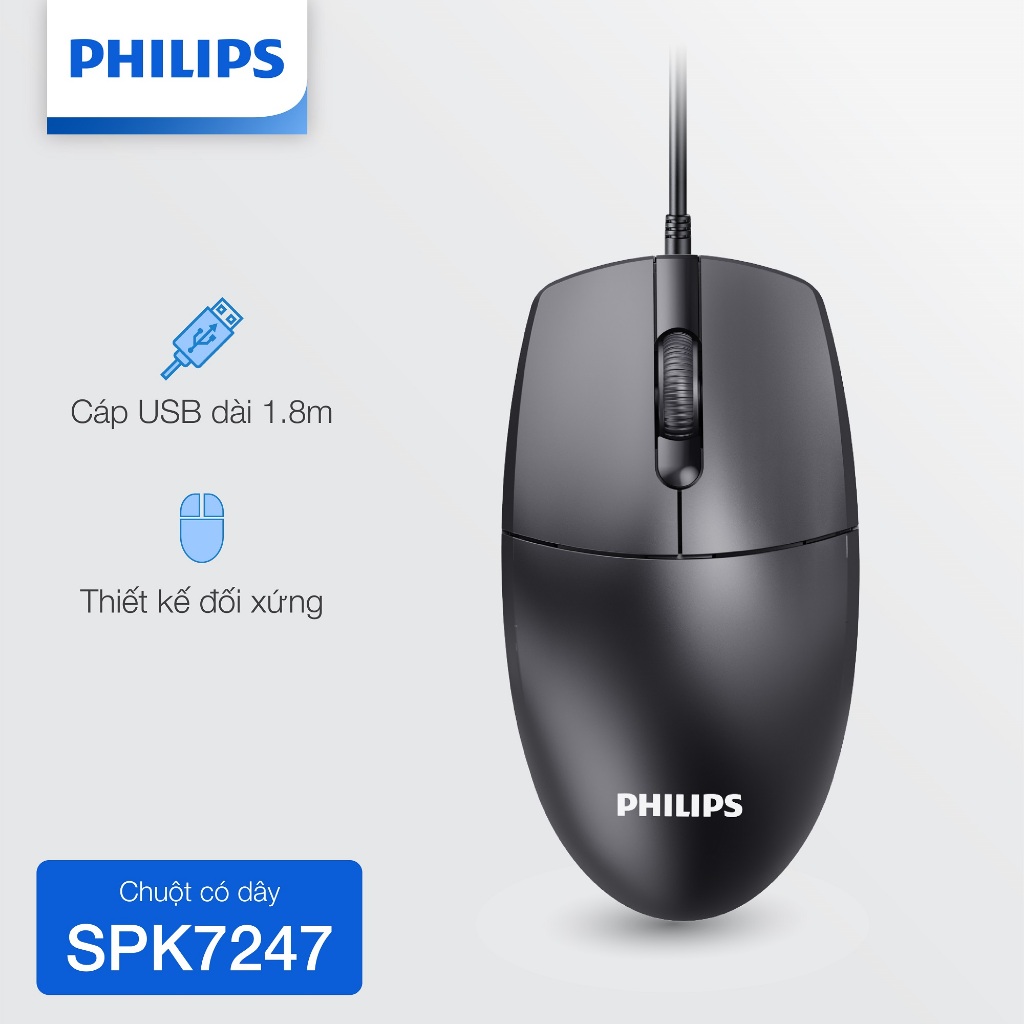 Chuột có dây Philips SPK7247 Chính Hãng – Độ nhạy 1200 DPI, dây bền chắc, thiết kế vừa tay