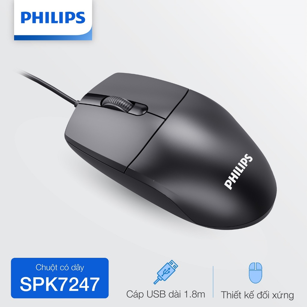 Chuột có dây Philips SPK7247 Chính Hãng – Độ nhạy 1200 DPI, dây bền chắc, thiết kế vừa tay