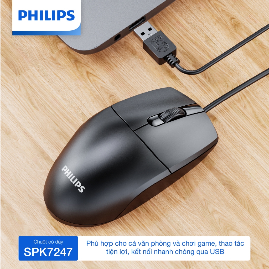 Chuột có dây Philips SPK7247 Chính Hãng – Độ nhạy 1200 DPI, dây bền chắc, thiết kế vừa tay