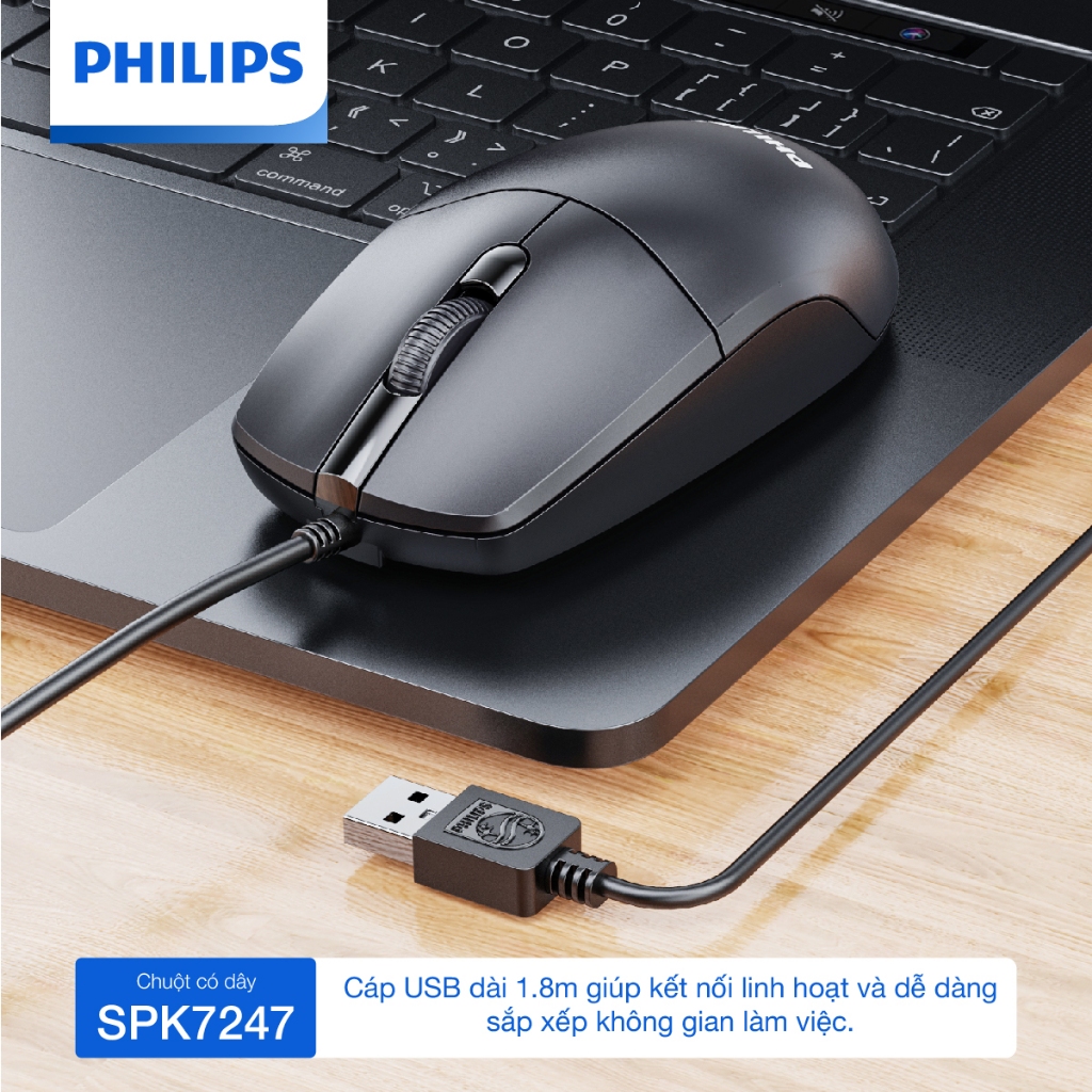 Chuột có dây Philips SPK7247 Chính Hãng – Độ nhạy 1200 DPI, dây bền chắc, thiết kế vừa tay