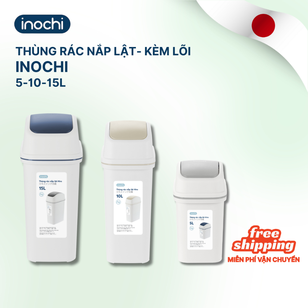 Thùng rác NẮP LẬT - kèm lõi cao cấp Hiro Inochi - Kháng khuẩn kháng mùi 5L/10L/15L
