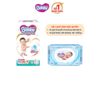 Combo 02 quà : 01 gói tã quần Bobby Premium XXL48+4 & 01 gói Khăn ướt Bobby 80 miếng