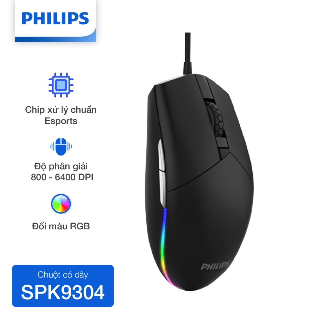 Chuột Gaming có dây Philips SPK9304 Chính Hãng – LED RGB đổi màu, DPI cao, phản hồi nhanh