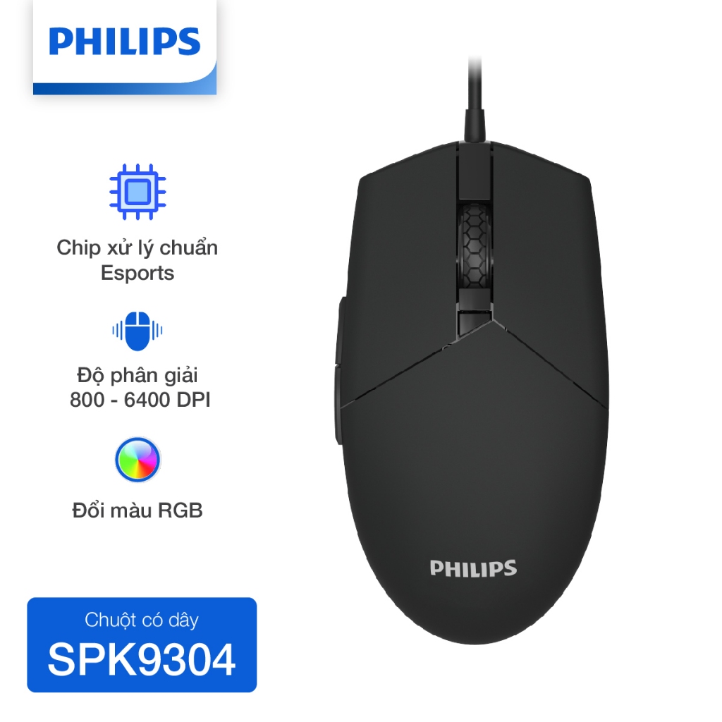 Chuột Gaming có dây Philips SPK9304 Chính Hãng – LED RGB đổi màu, DPI cao, phản hồi nhanh