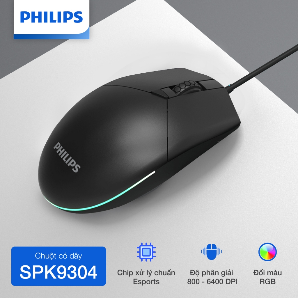 Chuột Gaming có dây Philips SPK9304 Chính Hãng – LED RGB đổi màu, DPI cao, phản hồi nhanh