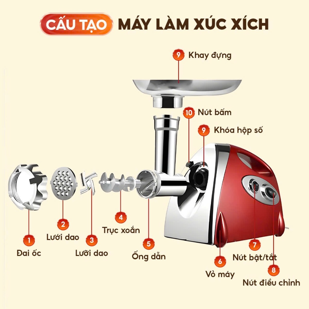 Máy Làm Xúc Xích Venko VK-MG2800 Công Suất 3000W Đa Năng Xay Nghiền Thịt Nhồi Xúc Xích Bảo Hành 12 Tháng