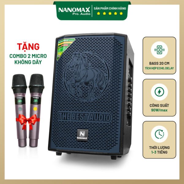Loa Kéo Karaoke Mini Nanomax S-200 Bass 20cm, Loa Kéo Bluetooth Công Suất 90W Tặng Kèm 2 Mic