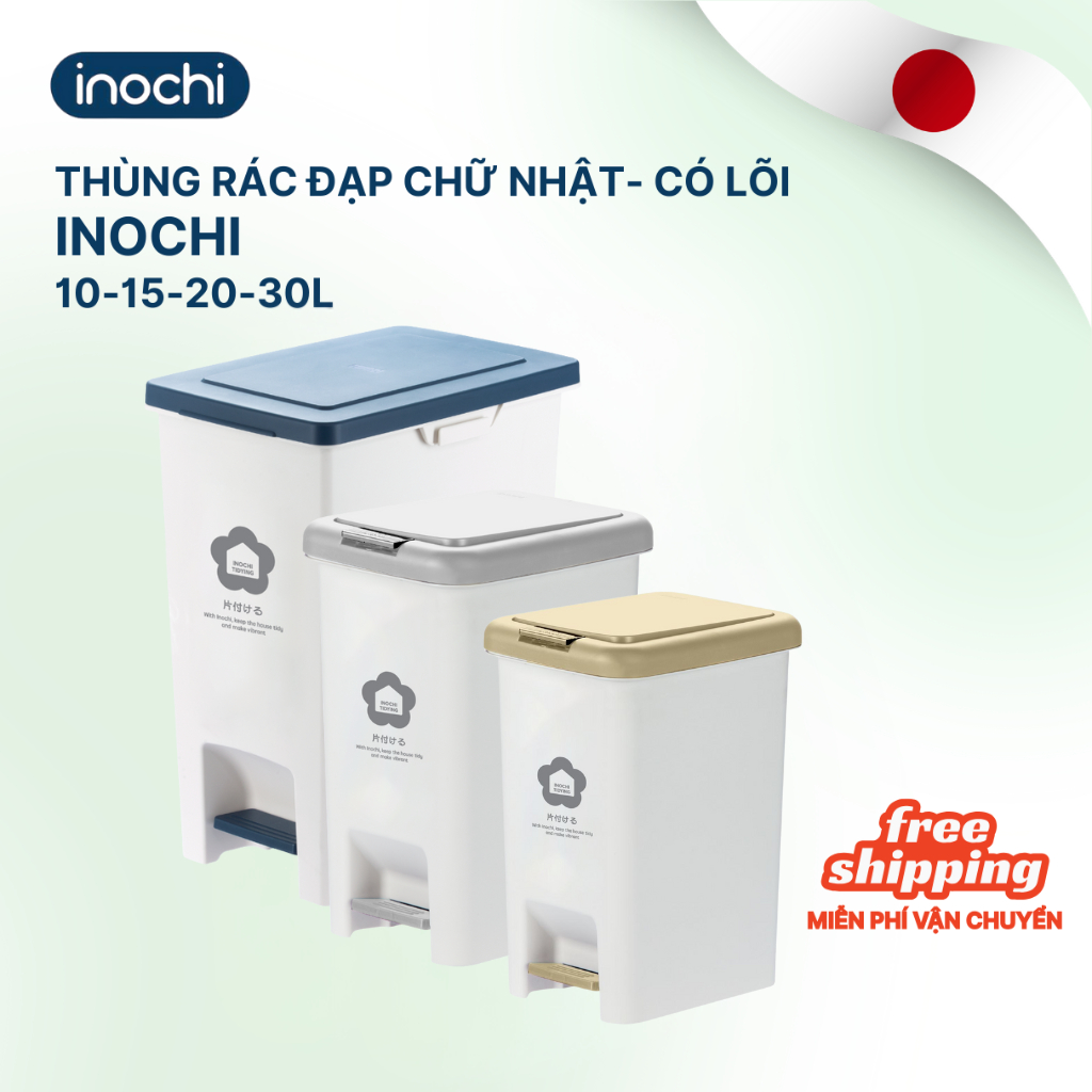 Thùng rác đạp chân chữ nhật Inochi - Hiro 10L/15L/20L/30L (loại kèm ruột) Nhiều màu sang trọng, tiện lợi cho gia đình,VP