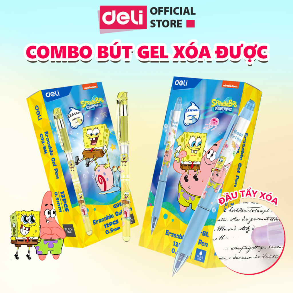 Combo 5/12 Bút Gel Xóa Được Spongebob Mực Đen/Tím DELI Bút Bi Nước Bấm/ Có Nắp Ngòi 0.5mmViết Trơn Mượt Có Gôm Trên Nắp
