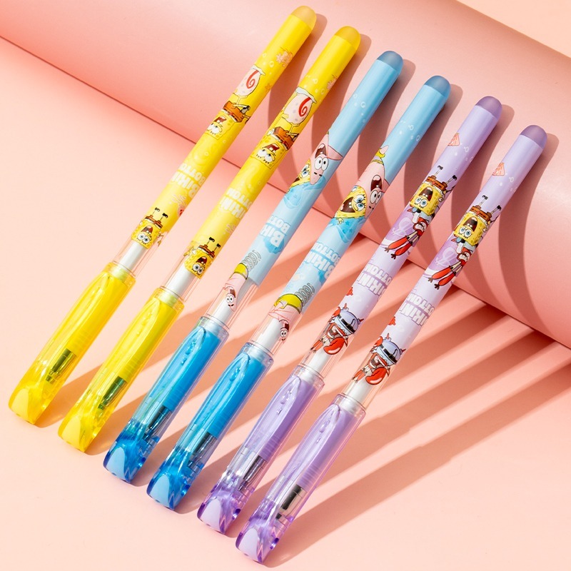 Combo 5/12 Bút Gel Xóa Được Spongebob Mực Đen/Tím DELI Bút Bi Nước Bấm/ Có Nắp Ngòi 0.5mmViết Trơn Mượt Có Gôm Trên Nắp