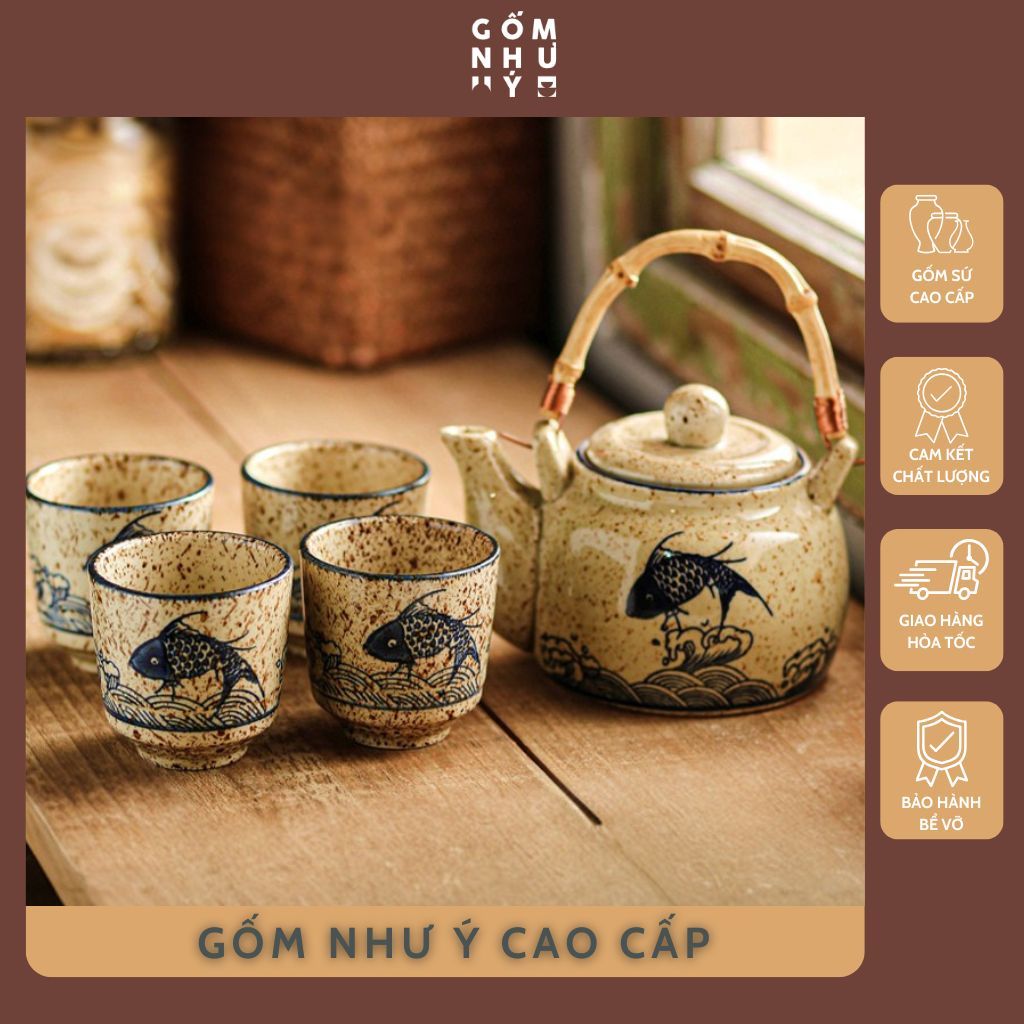 Bộ Ấm Chén Trà Sứ Men Mịn Họa Tiết Cá Chép, Dung Tích 650ml, Bộ Trà ...