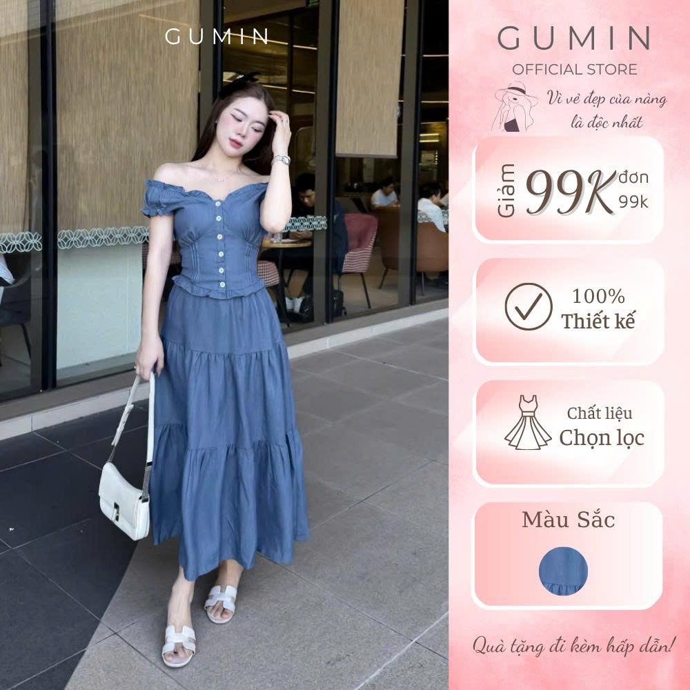 Set bộ áo váy GUMIN thiết kế áo trễ vai phối bèo bo eo tôn dáng kèm chân váy bèo xòe tầng sang trọng