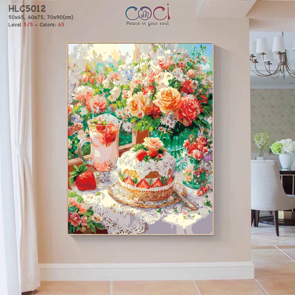 [60-80 Màu] Tranh Số Hóa Siêu Chi Tiết Tự Tô Màu Theo Số COCI Bàn Tiệc Hoa Và Bánh Có Khung HLC5012