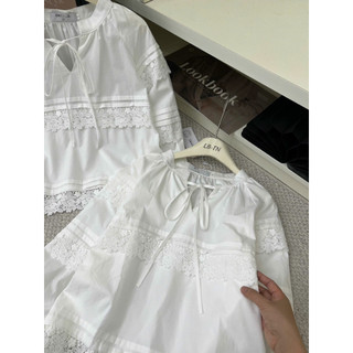 Áo sơ mi thô tay bồng li ngang pha ren hoa dáng babydoll #85038