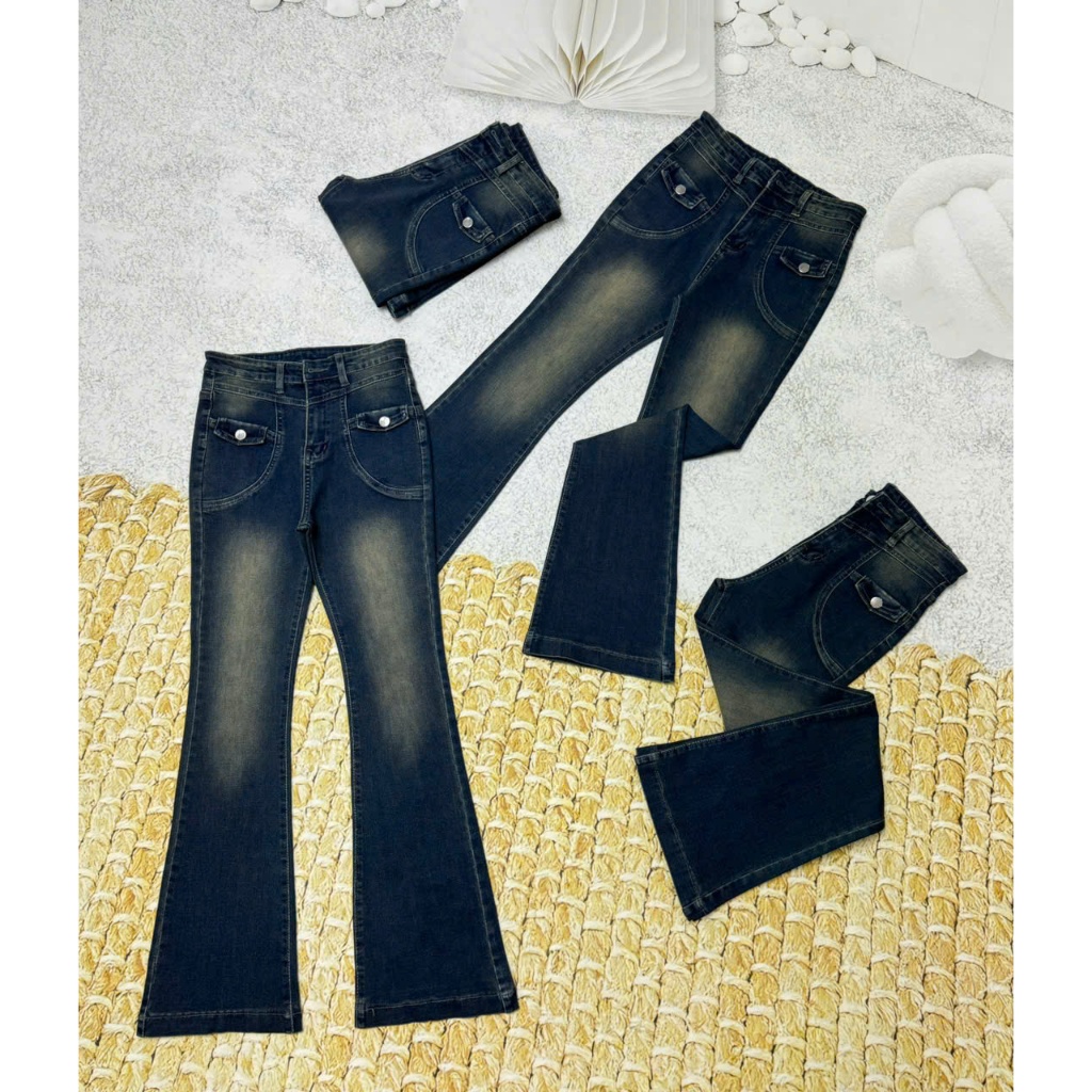 Quần JEans Nữ Lưng Cao Túi Hộp Loe thời Trang tôn dáng