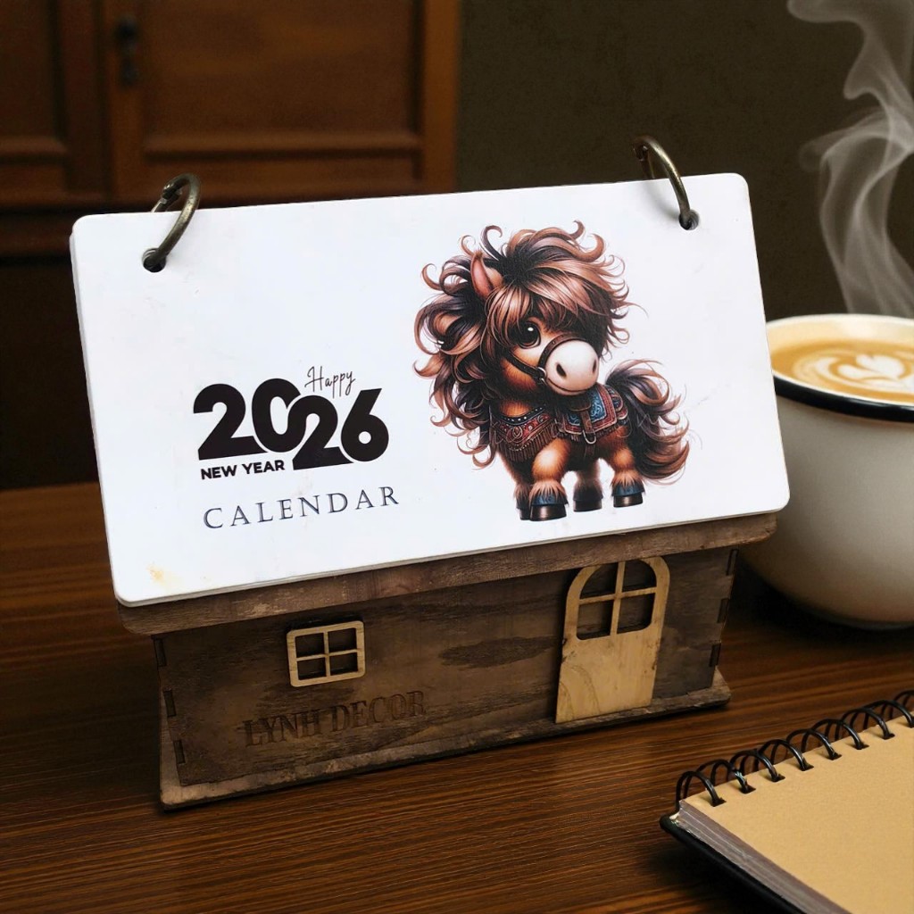 LỊCH GỖ HÌNH NGÔI NHÀ 2026 , LỊCH MẶT SAU CÓ PHẦN GHI CHÚ LÀM VIỆC – LYNHDECOR FREE KHẮC,IN  LOGO