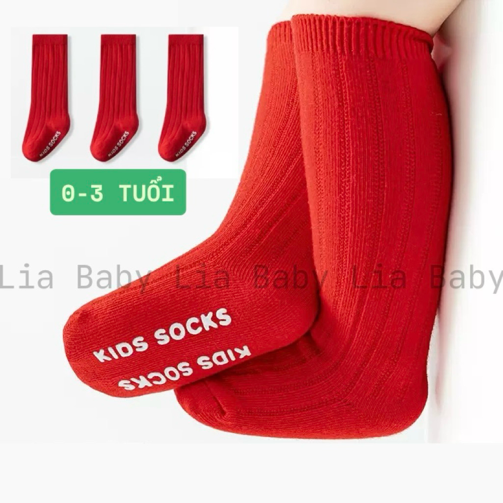 Tất chống trượt cổ cao tới gối màu đỏ kháng khuẩn cho bé trai bé gái - Vớ đỏ năm mới giáng sinh cho trẻ em