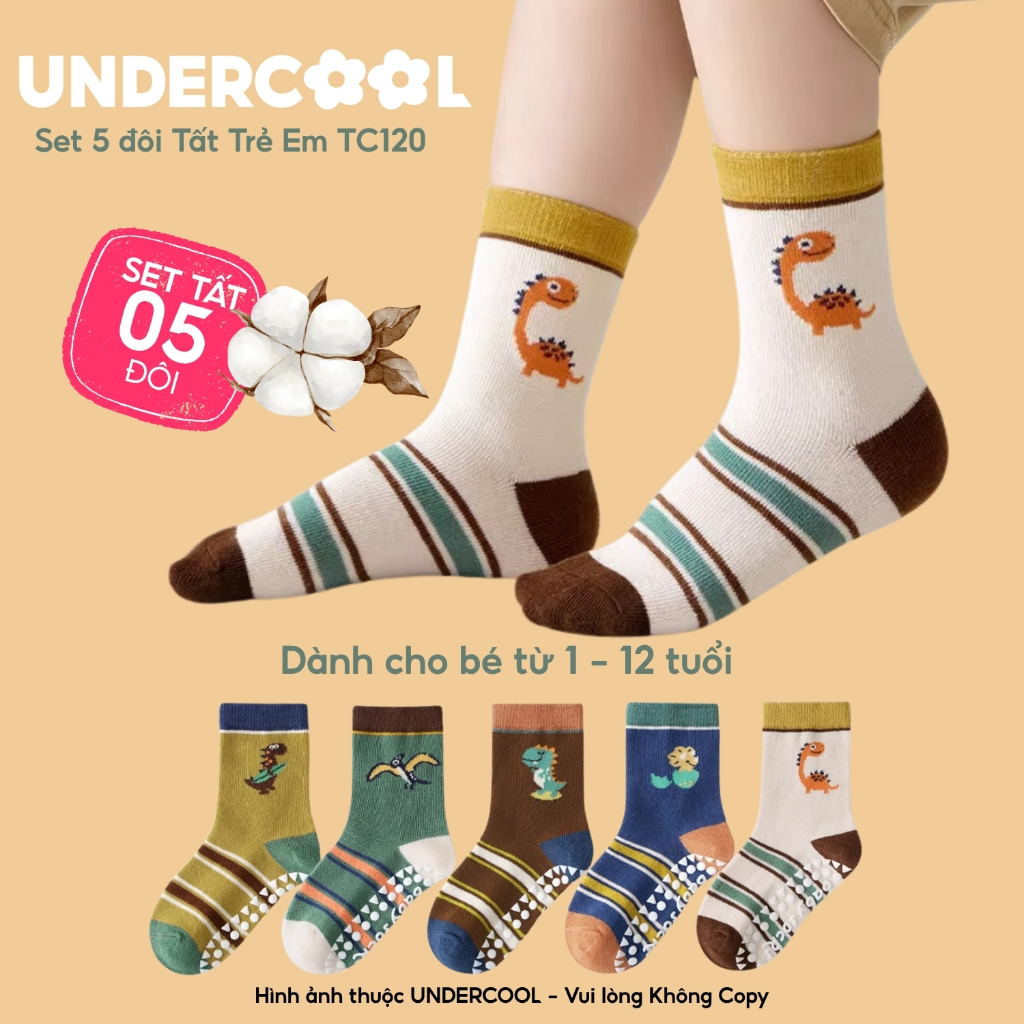 Combo 5 đôi tất trẻ em chống trơn UNDERCOOL - Set 5 đôi Vớ cotton cao cổ khủng long cho bé 1-12 tuổi tc120