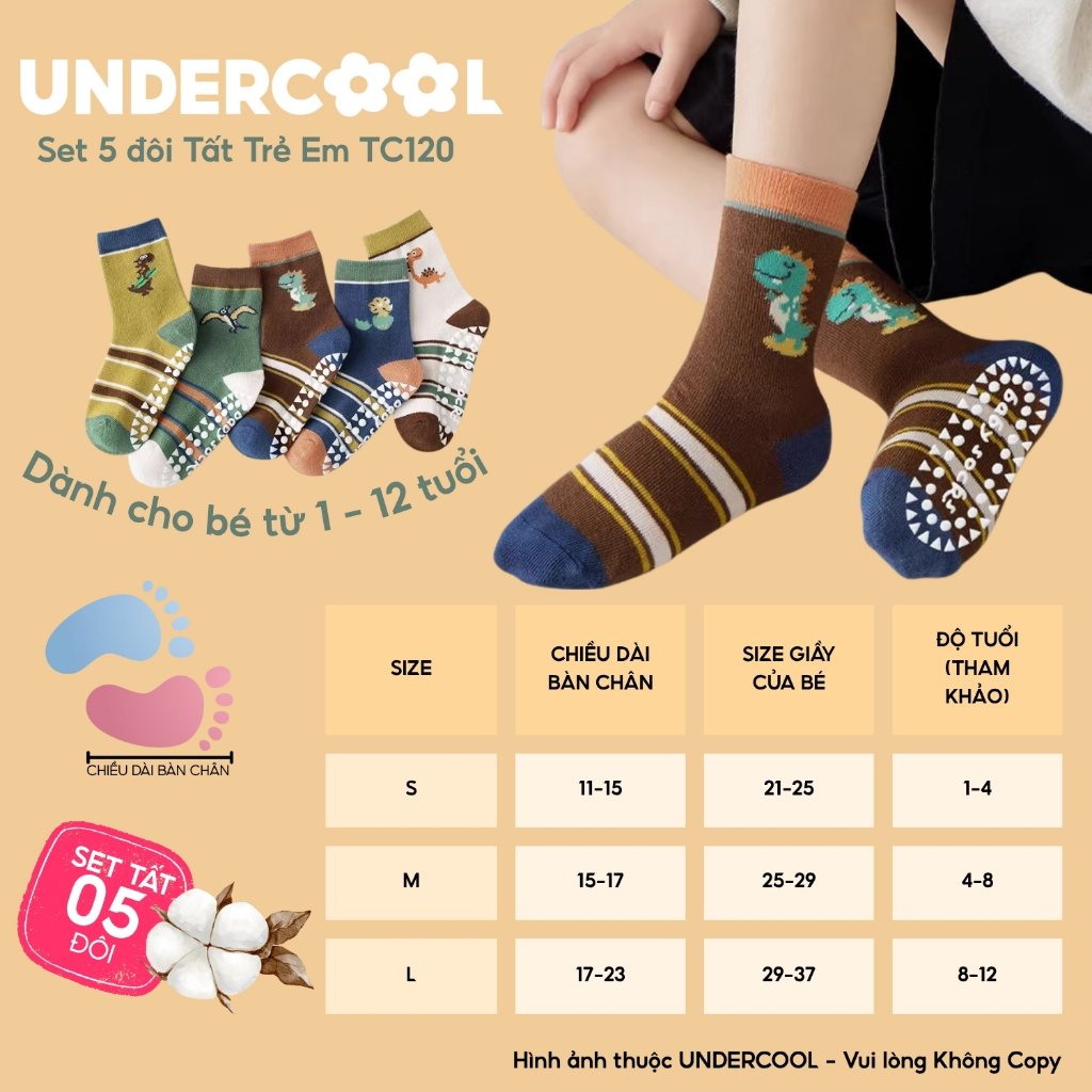 Combo 5 đôi tất trẻ em chống trơn UNDERCOOL - Set 5 đôi Vớ cotton cao cổ khủng long cho bé 1-12 tuổi tc120