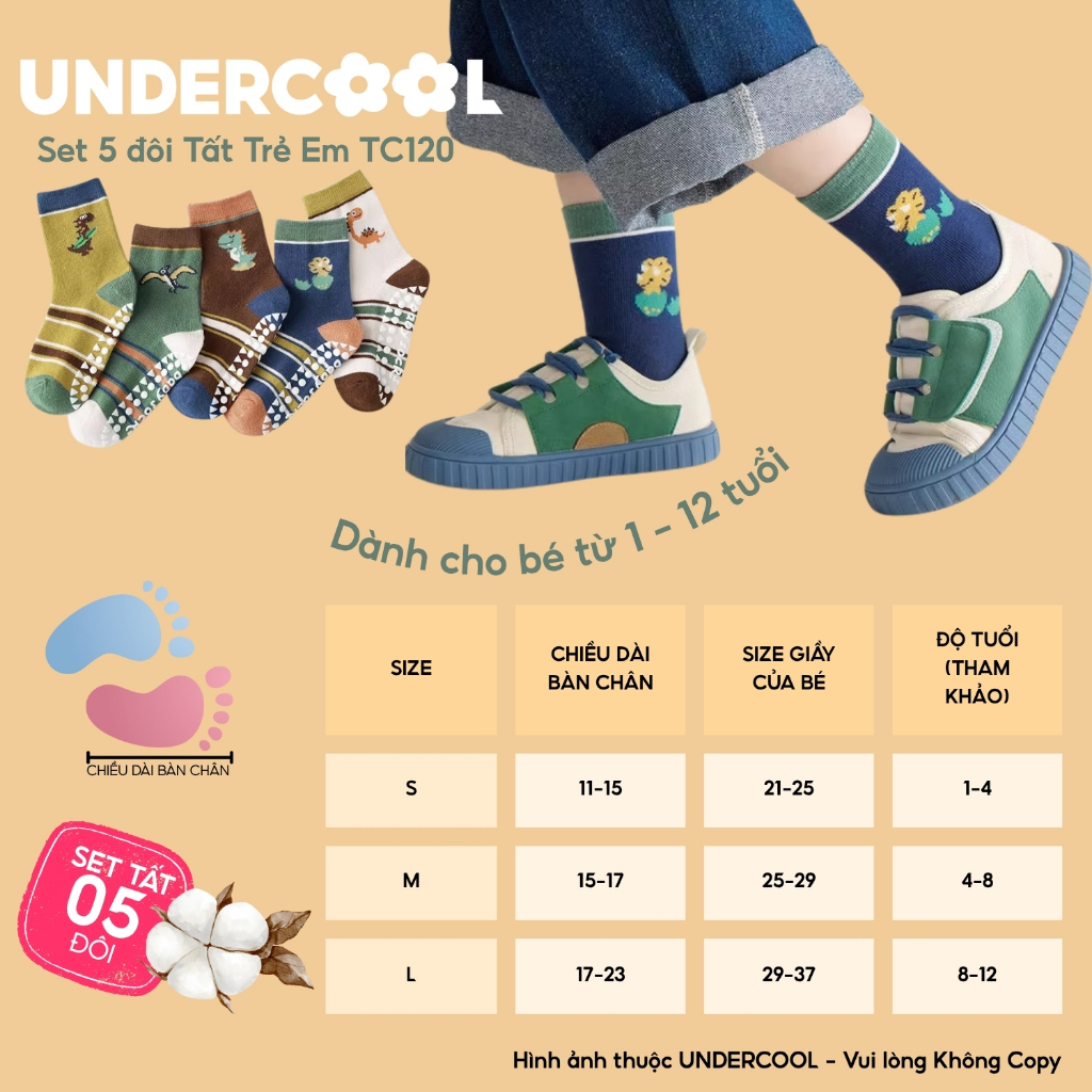 Combo 5 đôi tất trẻ em chống trơn UNDERCOOL - Set 5 đôi Vớ cotton cao cổ khủng long cho bé 1-12 tuổi tc120