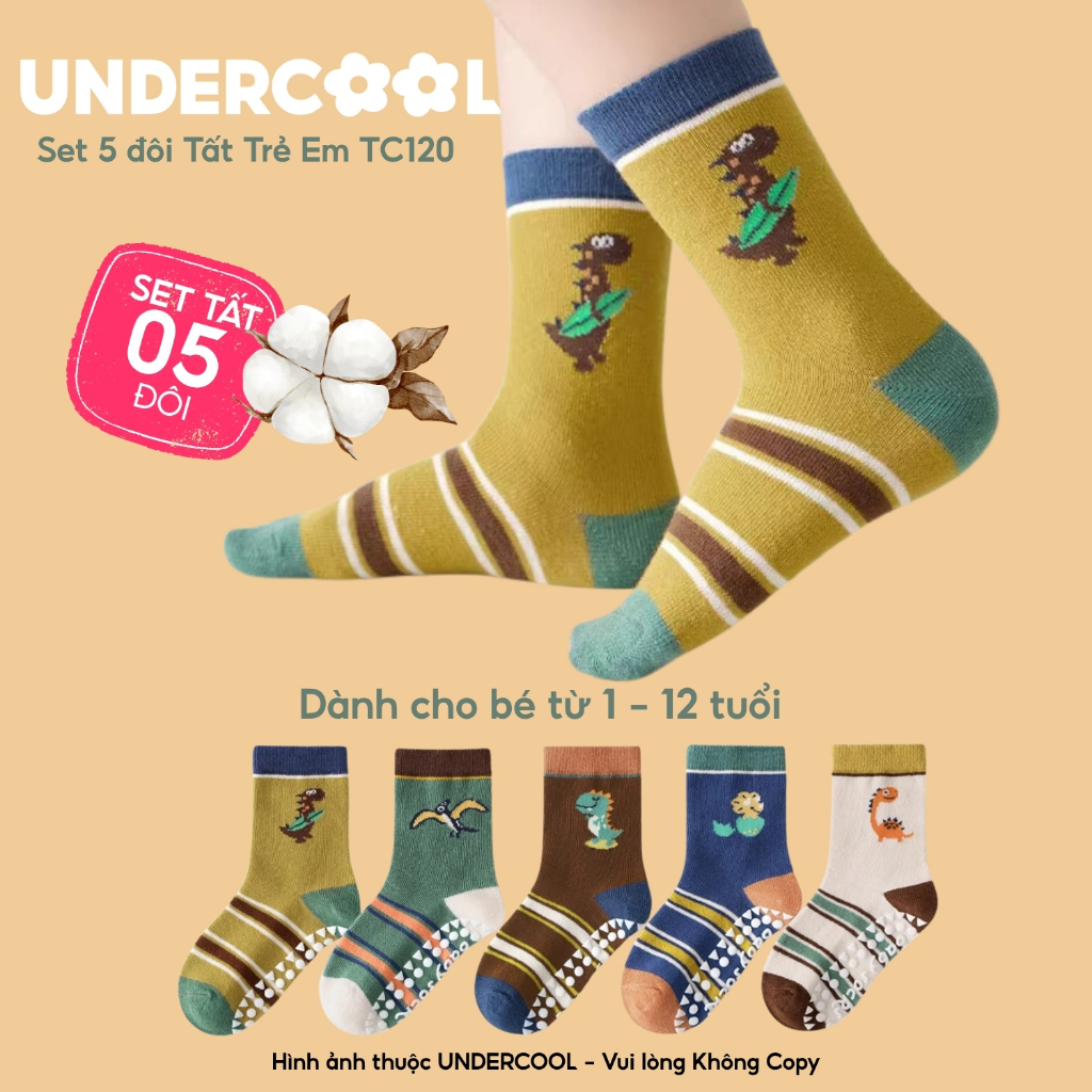 Combo 5 đôi tất trẻ em chống trơn UNDERCOOL - Set 5 đôi Vớ cotton cao cổ khủng long cho bé 1-12 tuổi tc120