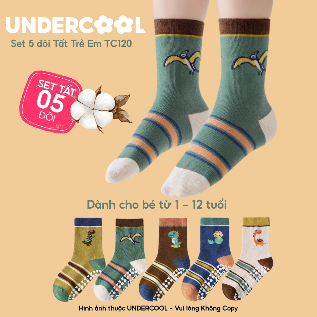 Combo 5 đôi tất trẻ em chống trơn UNDERCOOL - Set 5 đôi Vớ cotton cao cổ khủng long cho bé 1-12 tuổi tc120