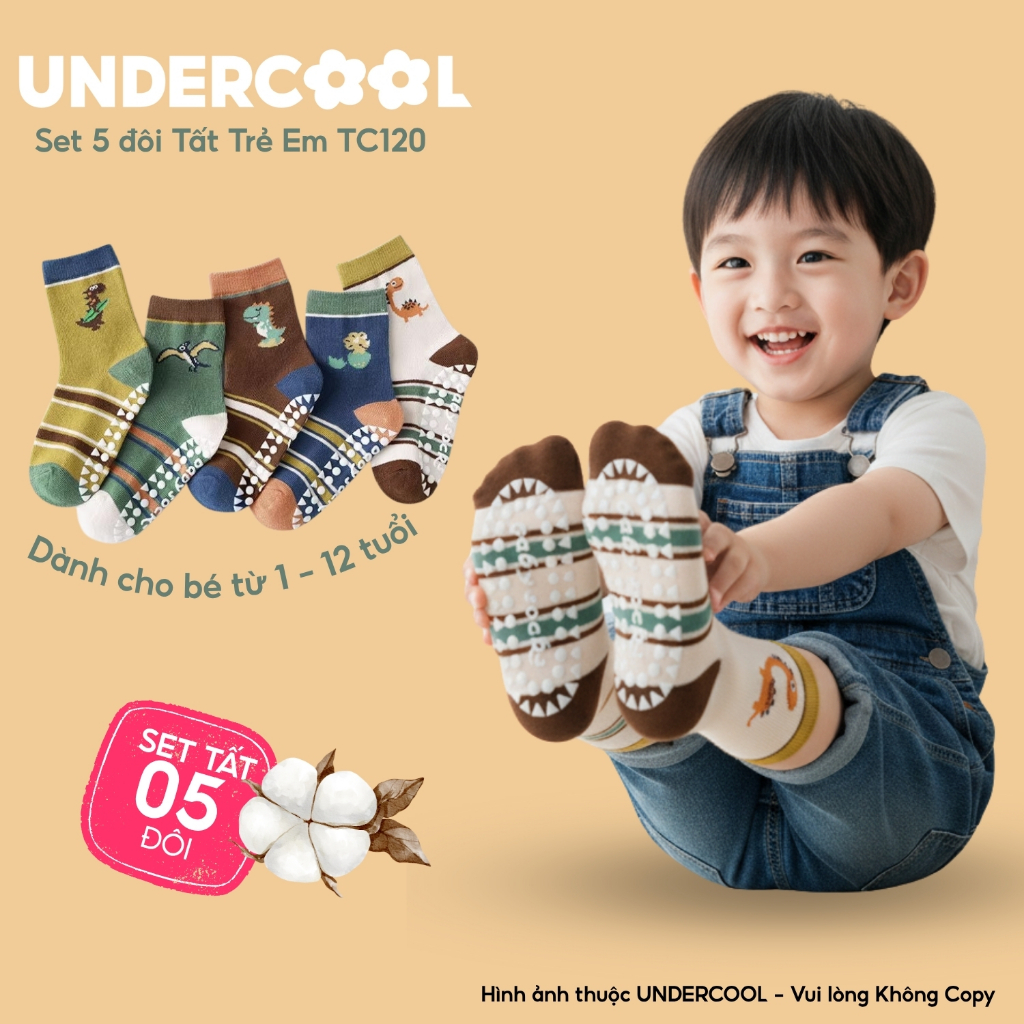 Combo 5 đôi tất trẻ em chống trơn UNDERCOOL - Set 5 đôi Vớ cotton cao cổ khủng long cho bé 1-12 tuổi tc120