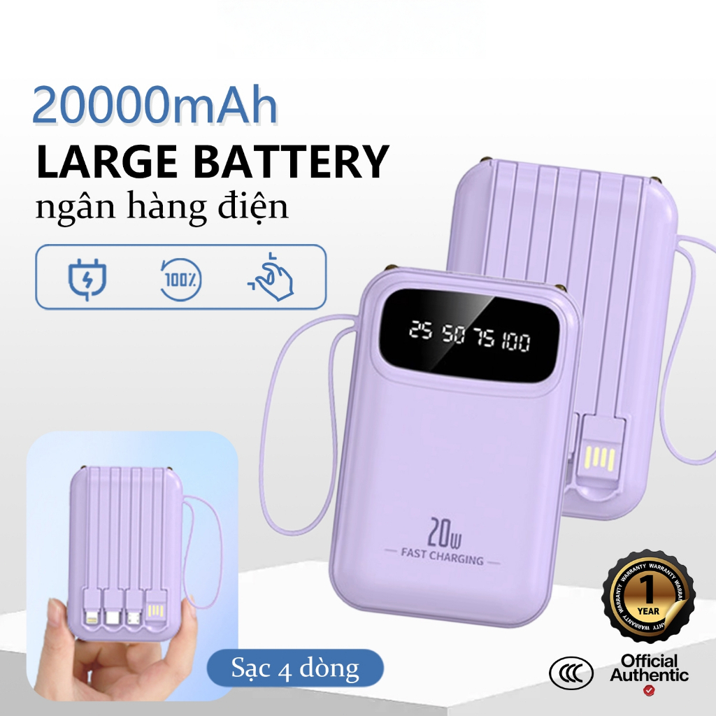 (bán buôn) F5, 20000 mAh sạc kho báu, đi kèm với 4 dây sạc có thể tháo rời, sạc nhanh 25W.