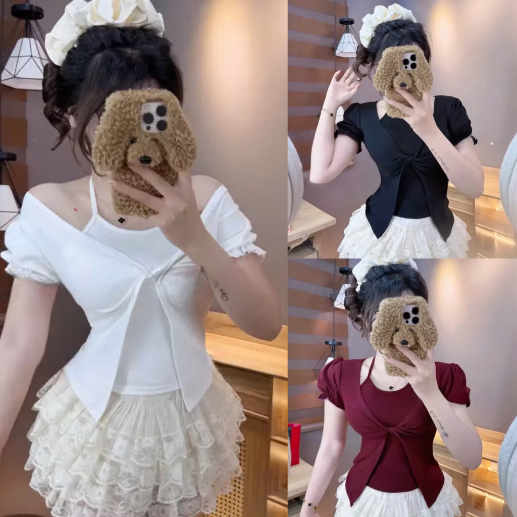 Áo thun nữ kiểu xoắn cổ phối yếm tay ngắn chất cotton ôm body A124 | BigBuy360 - bigbuy360.vn