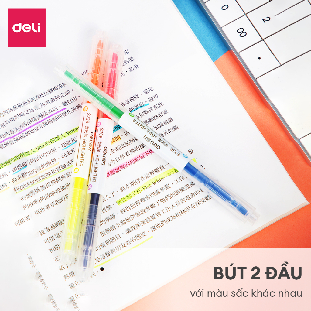 Bộ Bút Highlight Deli Hai Đầu Nhiều Màu Dạ Quang, Đánh Dấu Dòng Tiện Lợi Cho Học Sinh Văn Phòng