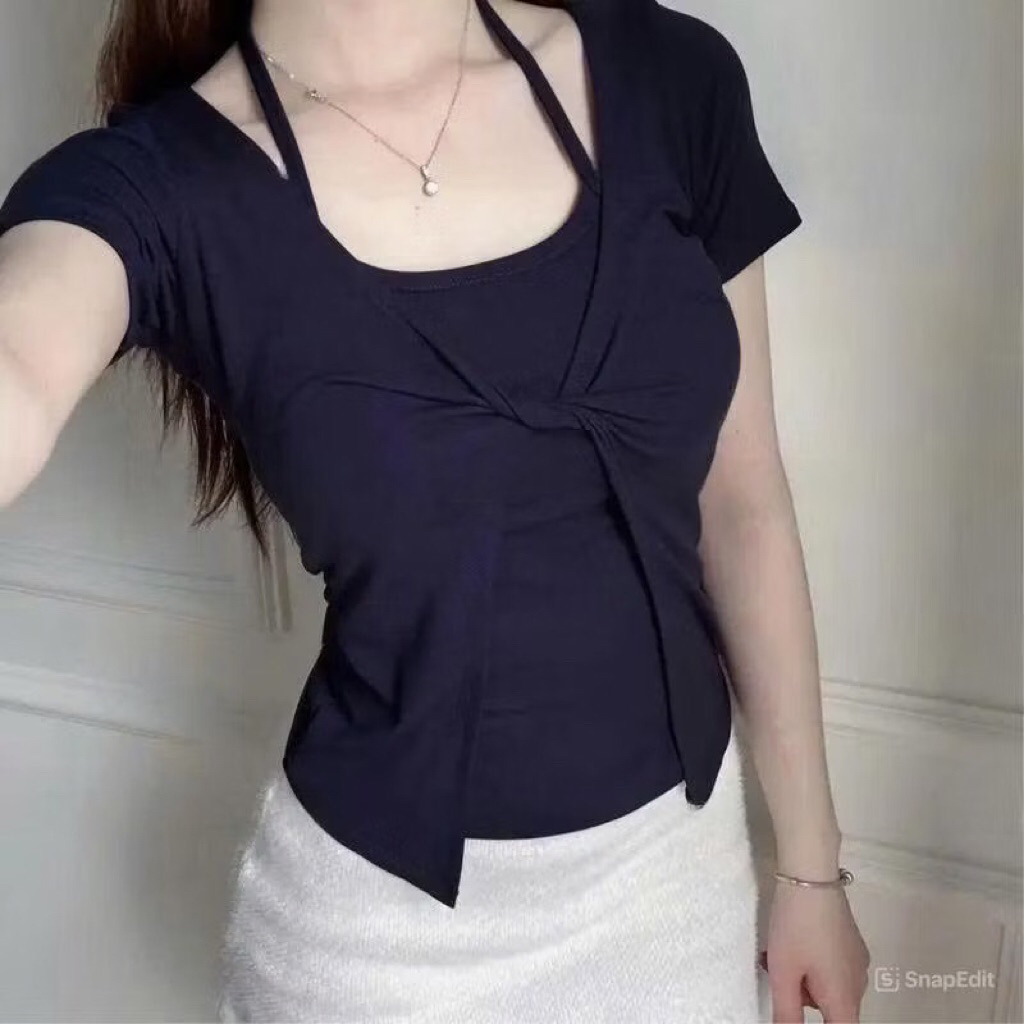 Áo thun nữ kiểu xoắn cổ phối yếm tay ngắn chất cotton ôm body A124 | BigBuy360 - bigbuy360.vn