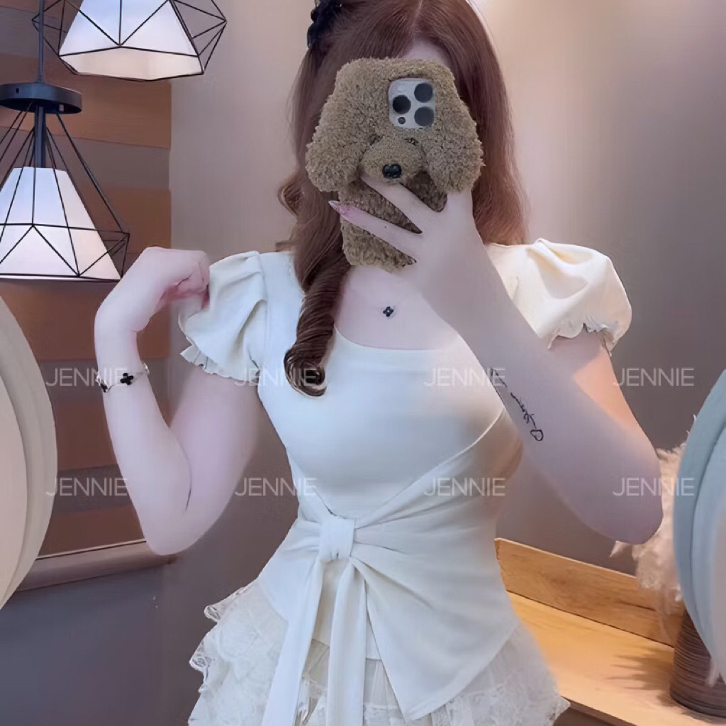 Áo kiểu tay ngắn cổ vuông dây buộc eo nữ tính A118 | BigBuy360 - bigbuy360.vn