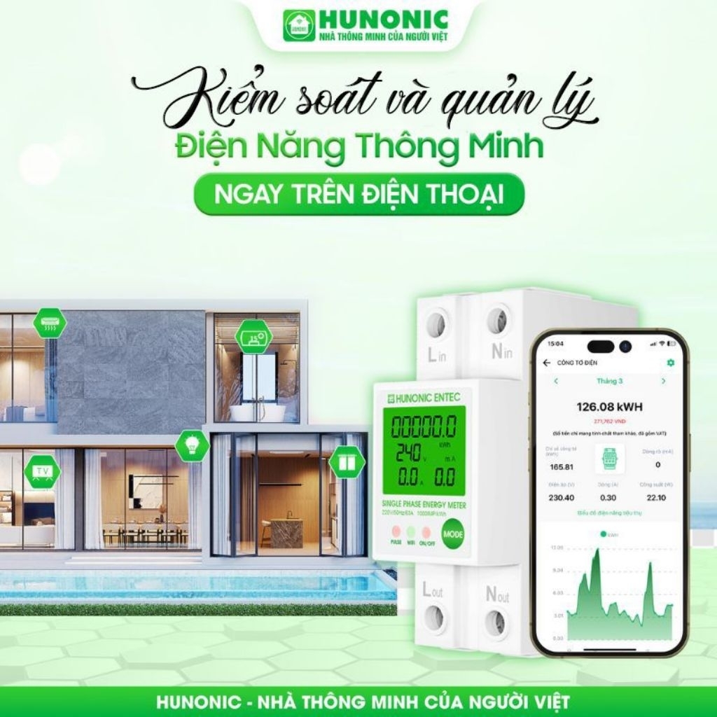 Công tơ điện tử thông minh - Đồng hồ điện tử - Đồng hồi điện thông minh HUNONIC ENTEC - Bảo hành 12 tháng